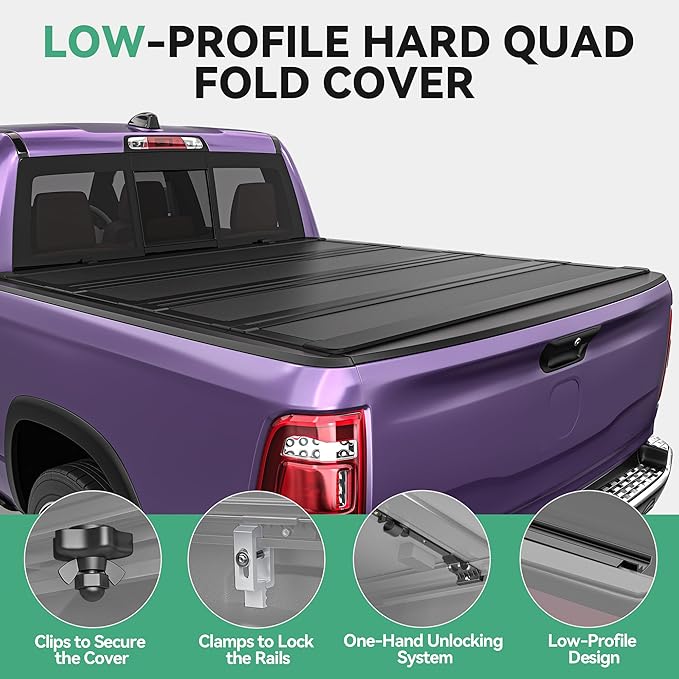 Low-Profile Hard Quad-fold Tonneau Cover Fit for Dodge Ram 1500 2009-2024, Fit for Dodge Ram 2500 3500 2010-2026, Fleetside 6.4ft Bed Without Rambox