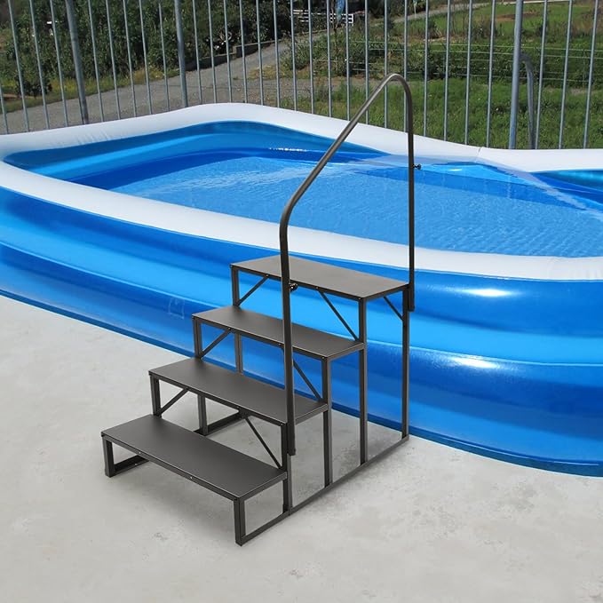 RV Stairs W/Handrail, 4 - Step Stair Hot Tub Steps Swimming Pool Ladder Above Ground, Universal Portable Mobile Home Steps with Handrail for Outdoor