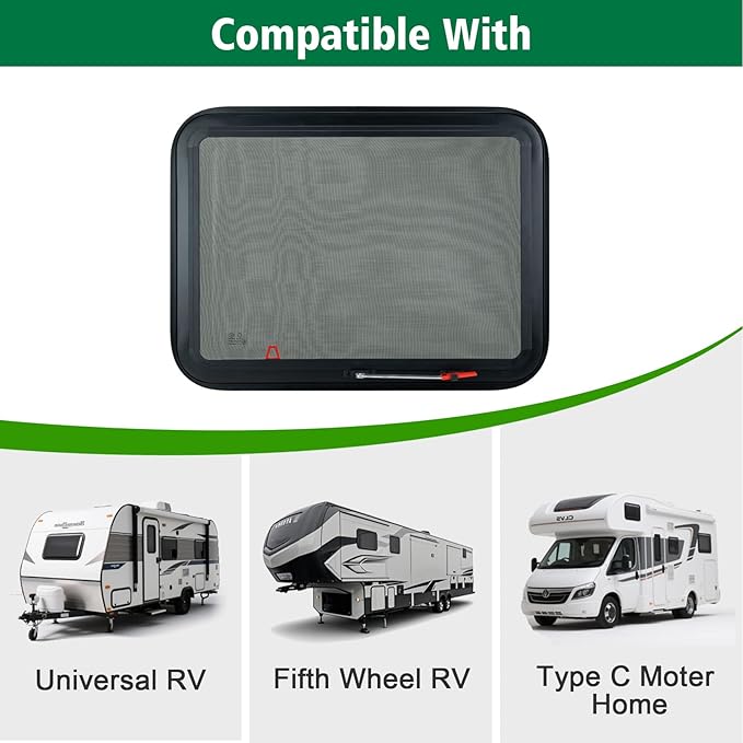 Dulepax RV Exit Window, 36'W x 22'H, Black Tempered Glass, RV Emergency Exit with Net Screen & Trim Ring