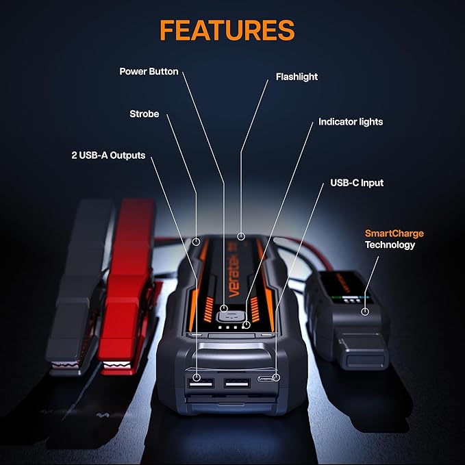 V8 Pro 3000A Car Battery Jump Starter Portable (8.0L Gas & 6.0L Diesel) – 12V Lithium Battery Booster Pack with SmartCharge Safety, Jumper Cables, 20000mAh Power Bank, Jump Box, LED Light