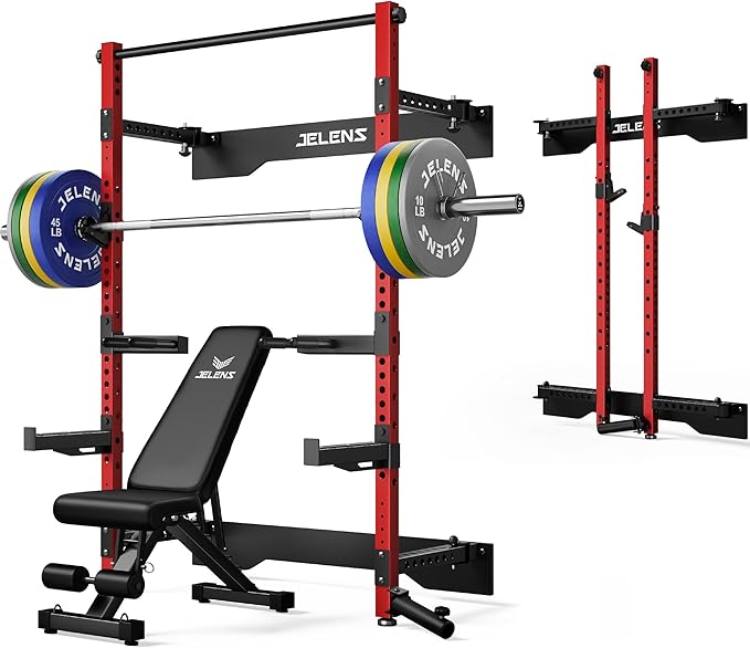 Folding Squat Rack, Wall Mounted Power Rack for Home Gym, Space Saving Multi-Functional Power Cage with Attachments
