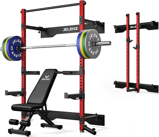 Folding Squat Rack, Wall Mounted Power Rack for Home Gym, Space Saving Multi-Functional Power Cage with Attachments