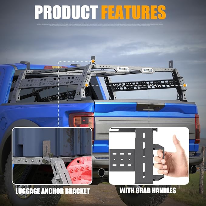 Extendable Overland Truck Bed Cargo Rack with Grab Handle, 18.5"-27.5" Heavy Duty High Bed Rack for Ford F-Series, for Silverado & Sierra & Ram 1500/2500/3500, for Jeep Gladiator JT, for Titan Tundra