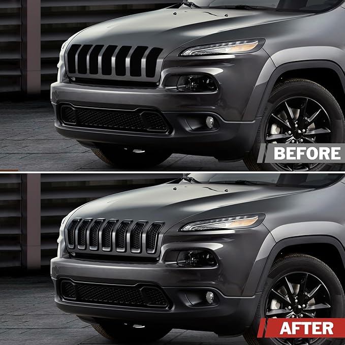 JINCHEN 7pcs Grill Mesh Inserts Fit for Jeep Cherokee 2014-2018, Honeycomb Mesh Front Grill Inserts Grille Cover Frame Trims (Bright Black)
