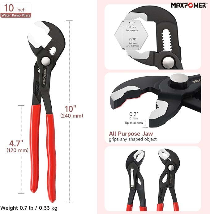 MAXPOWER 10 inch Water Pump Pliers, with 1.2 inch Jaw Capacity Opening Push Button Lock Pliers