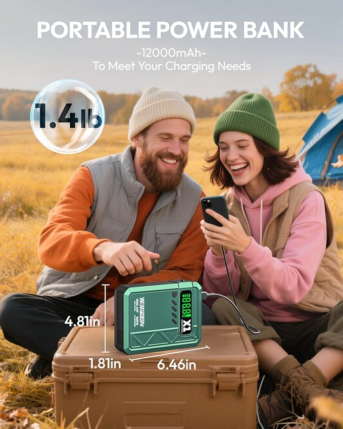 YESPER Jump Starter with Air Compressor 2000A 150PSI Battery Jumper Starter Portable(8L Gas/6L Diesel), 12V Car Jump Pack Battery Charger Jump Box with Jumper Cables, LCD Display, Lights