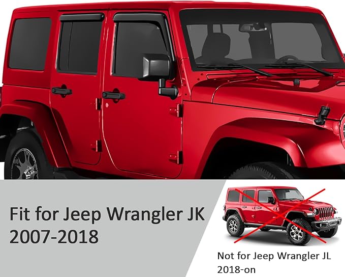 Voron Glass Tape-on Extra Durable Rain Guards for Jeep Wrangler 2007-2018, Window Deflectors, Vent Window Visors, 4 Pieces - 120040