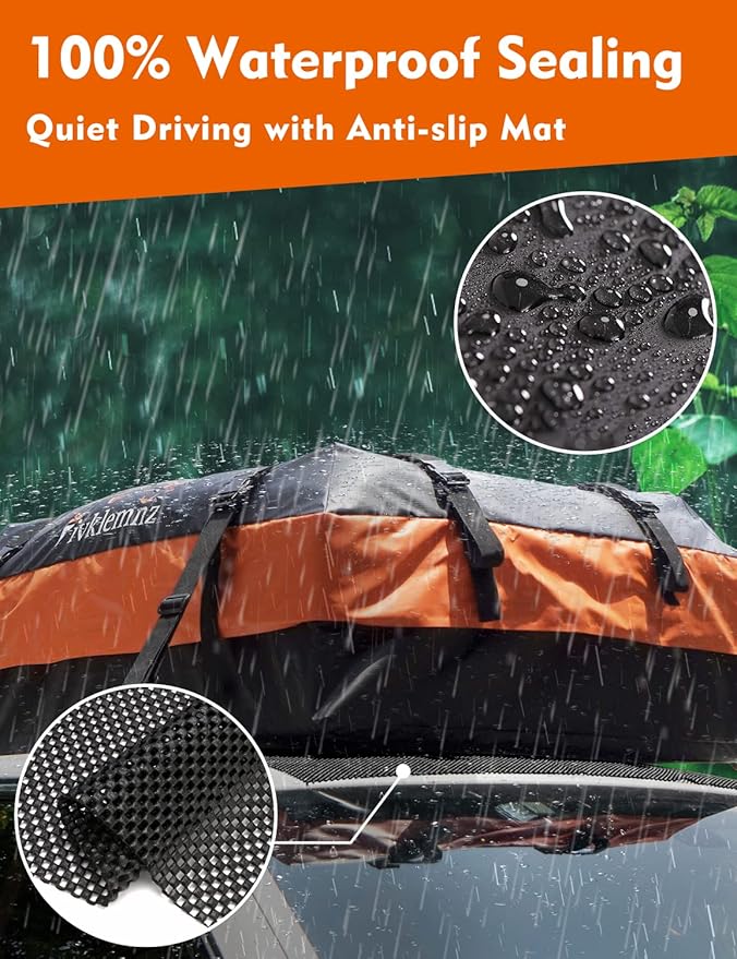 FIVKLEMNZ Car Rooftop Cargo Carrier Roof Bag Waterproof for All Top of Vehicle with/Without Rack Includes Topper Anti-Slip Mat + Reinforced Straps + 6 Door Hooks + Luggage Lock