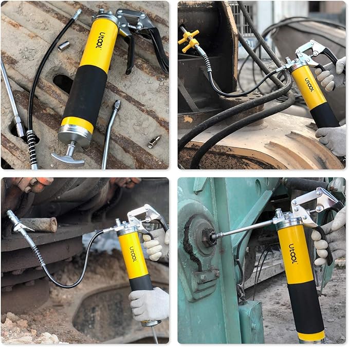 UTOOL Grease Gun, 8000 PSI Heavy Duty Pistol Grip Grease Gun Kit with 14 oz Capacity, 18 Inch Resin Flex Hose, 2 Basic Coupler, 2 Extension Rigid Pipe and 1 Sharp Type Nozzle, Argent Matte Finish