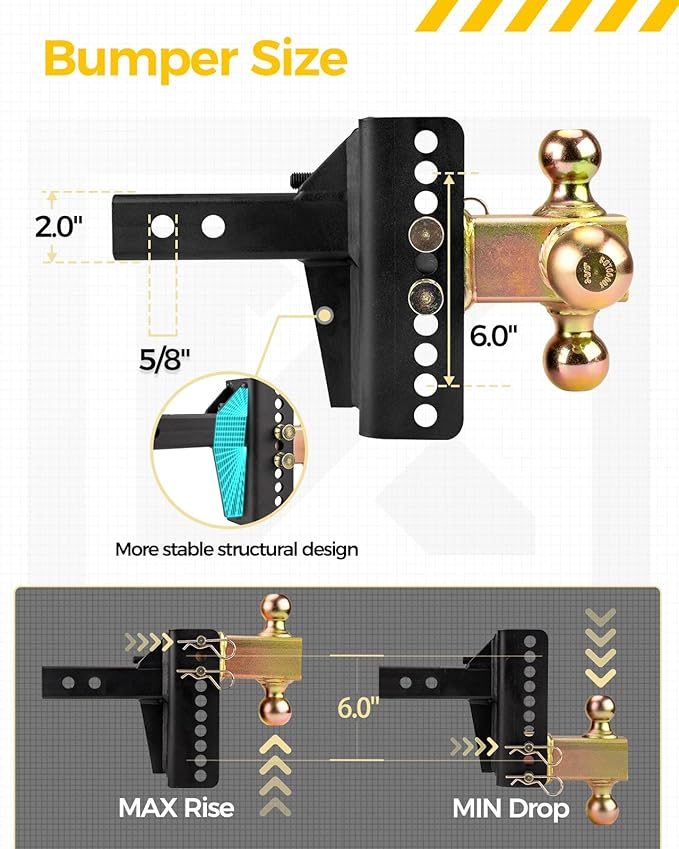 Adjustable Trailer Hitch for 2-Inch Receiver, 6-Inch Drop & Rise, 20,000 lbs GTW, 3 Ball Hitches Included (1-7/8", 2", 2-5/16") with Anti-Theft Lock, Heavy-Duty Ball Mount for Trucks