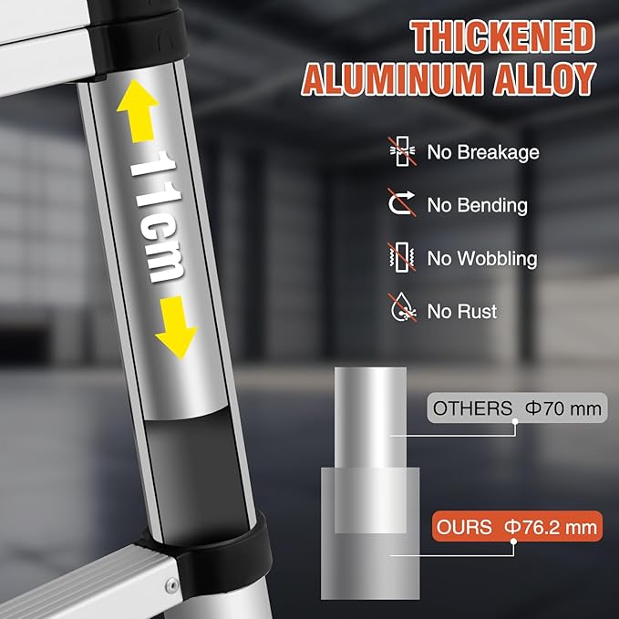 12.5 FT Aluminum Telescoping Ladder, One Button Retraction Extension Ladder, 375 lbs Load Capacity with Non-Slip Wide Feet, Compact Portable for Indoor Outdoor Use, RV, Attic and Roof Use