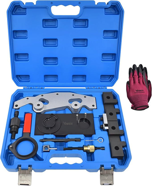 Double Vanos Camshaft Alignment Locking Tool Kit, Compatible with BMW M52, M52TU, M54, M56, 325i, 325xi, 325Ci, 330i, 330xi, 330Ci, 328i, 328Ci, 528i, 525i, 530i, X3 2.5i / 3.0i, with Gloves
