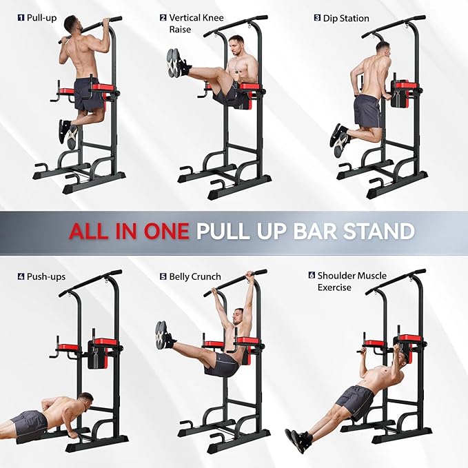 Power Tower Dip Station Pull Up Bar for Fitness Home Gym Workout,Multi-Function Adjustable Height Fitness Strength Training Exercise Equipment,with Power Elastic Ropes (Red Black)