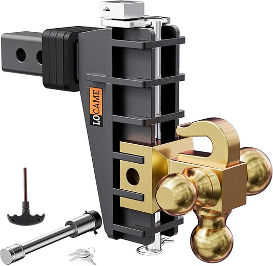 LOCAME Adjustable Trailer Hitch with Hook, Tri-Ball (1-7/8", 2", 2-5/16") Drop Hitch, Fits 2 Inch Receiver, 6" Drop Down Hitch, 17000 LBS Heavy Duty Truck, Solid Ball Mount, Gold, LC0084