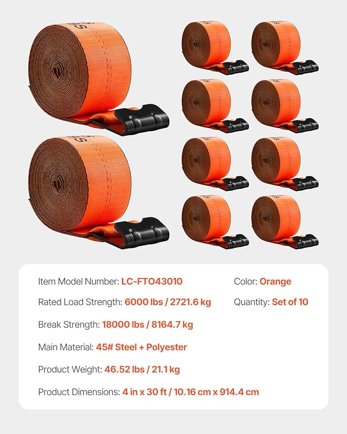 VEVOR Truck Straps, 4" x30' Heavy Duty Tie Down w/Flat Hooks 18,000lbs Break Strength, WLL# 6000lbs, Cargo Straps tie Down for Flatbeds, Trucks, Trailers, Farms, Rescues, Tree Saver, Orange(10 Pack)