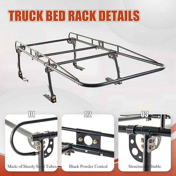 Universal Steel Over-Cab Truck Bed Rack Contractor Pickup Lumber Full Size Rack Adjustable for Kayak, Ladder, Surfboard, Lumber