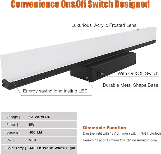 Facon 16.5Inch 12V LED RV Vanity Lights Fixtures with On&Off Switch, Matt Black Finished, RV Wall Sconces Bathroom Mirror Light with Acrylic Lens, 12Volts DC for RV, Camper, Motorhome