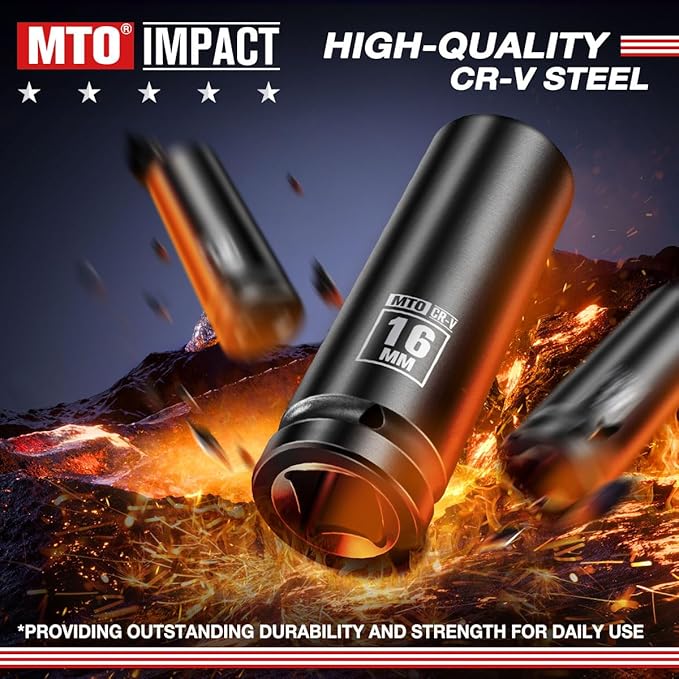 MTO 1/2" Drive 16mm Deep Impact Socket, 6-Point Metric Socket for Automotive Maintaince, CR-V Steel Meets ANSI Standards