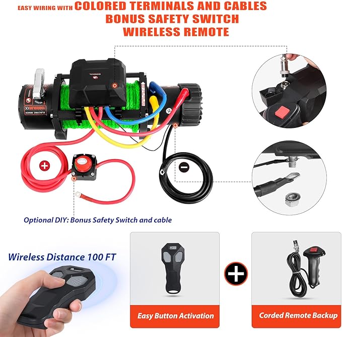 13000lb Electric Winch, Synthetic Rope Green, Battery Disconnect Switch, Low Profile Control Box, 12V, IP67 Waterproof, Wireless Remote, SUV, Truck, Boat Trailer. (RH13000A-G)