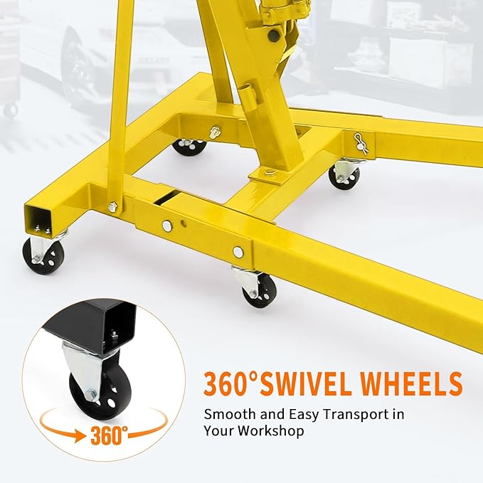 2-Ton Folding Engine Hoist Cherry Picker 4400 Lb Capacity Hydraulic Shop Crane with Telescoping Boom 6 Caster Wheels for Automotive Repair Garage Use Includes Hitch and Storage Stand Yellow