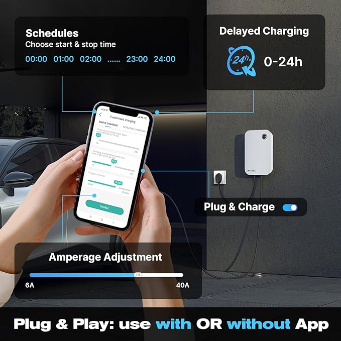 Level 2 EV Charger-40AMP 240V NEMA14-50 for J1772 EVS, WiFi Enabled Electric Vehicle Charging Station, ETL Certified, Password Lock Function, 25ft Cable, White