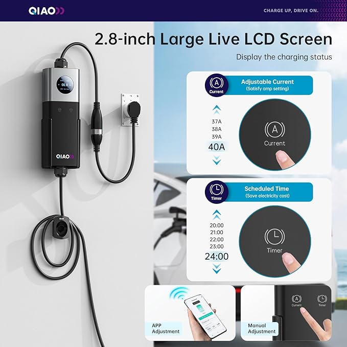 QIAO 40A Portable EV Charger & Mobile EV Charger Level 2, Replaceable Plug (NEMA 14-50 & More), Max 9.6kW Wall-Mount Power, J1772, 25ft Cable, 2.8" LCD for Home & Travel