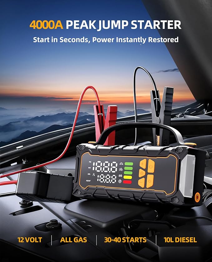 Battery Jumper Starter Portable, Jump Starter with Air Compressor-4000A 12V (7.0L Gas/ 6.0L Diesel) with 160PSI Tire Inflator, 10000mAh Jump Box Car Battery Jump Starter, Jumper Cables, LED Light