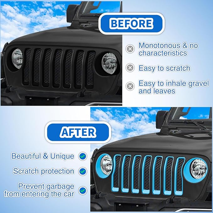 Nilight Grill Inserts fit for Jeep Wrangler Front Grille Inserts Headlight Cover Set for JL JLU Unlimited Sport SportS 2018 2019 2020 2021 2022 2023 Grille Bezels Trim Exterior Accessories Blue 9 Pcs