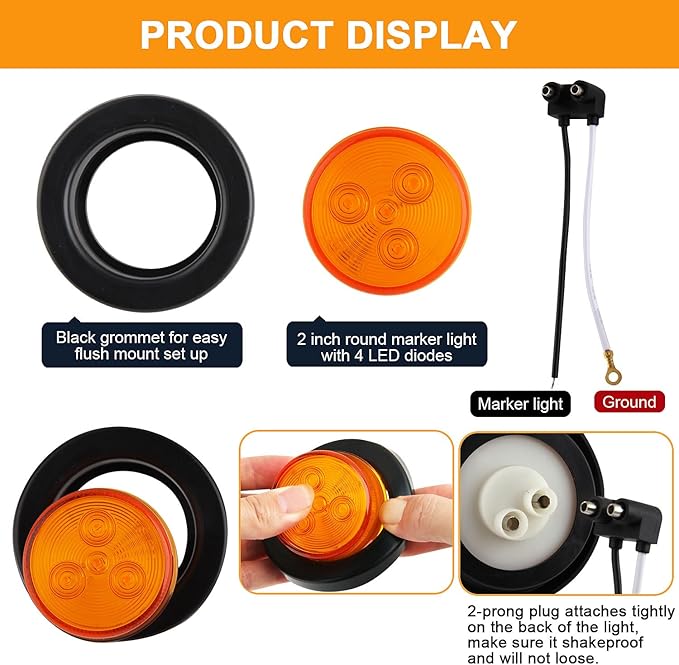16Pcs 2" Inch Round Amber LED Trailer Side Marker Lights 4 LED, 2" Round Led Trailer Clearance Marker Lights with Grommets Wire Pigtail for Truck RV Flush Mount Waterproof Sealed