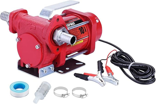 TOPWAY 12V DC Gasoline Fuel Pump 10GPM Self-priming Oil Transfer Pump With Handle, Overheat Protection, Explosion-Proof, Built-in Bypass, for Gasoline Fuel Diesel Kerosene Removal,Red