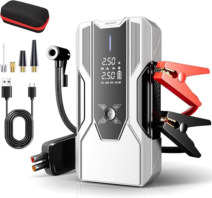 Emergency Portable Jump Starter with Air Compressor - 3000A 150PSI for Cars, Trucks & SUVs up to 9L Gas/7L Diesel, 12000mAh Portable Power Bank, -20°F Cold Start (Silver)