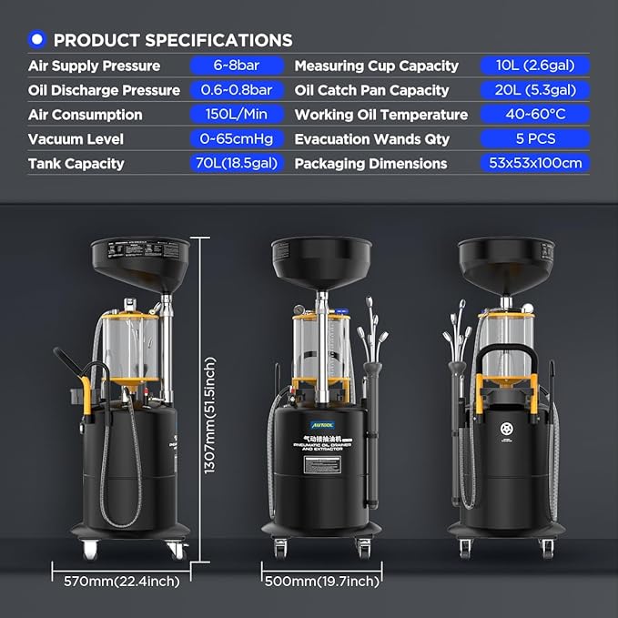 AUTOOL Self-Evacuating Portable Oil Drainer, Steel 18-Gallon Fluid Evacuator W/Bowl, Air Operated Drainer for Oil Change Combination of Pumping, Draining, Recycling, Emptying of Waste Oil