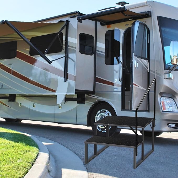 2 Step RV Steps with Handrail, Upgrade RV Stairs with Platform, 660lbs Anti-Slip Hot Tub Steps Spa Steps Step Ladder Outdoor Steps for Camper/Spa/Porch/Pet/Mobile Home(2 handrails)