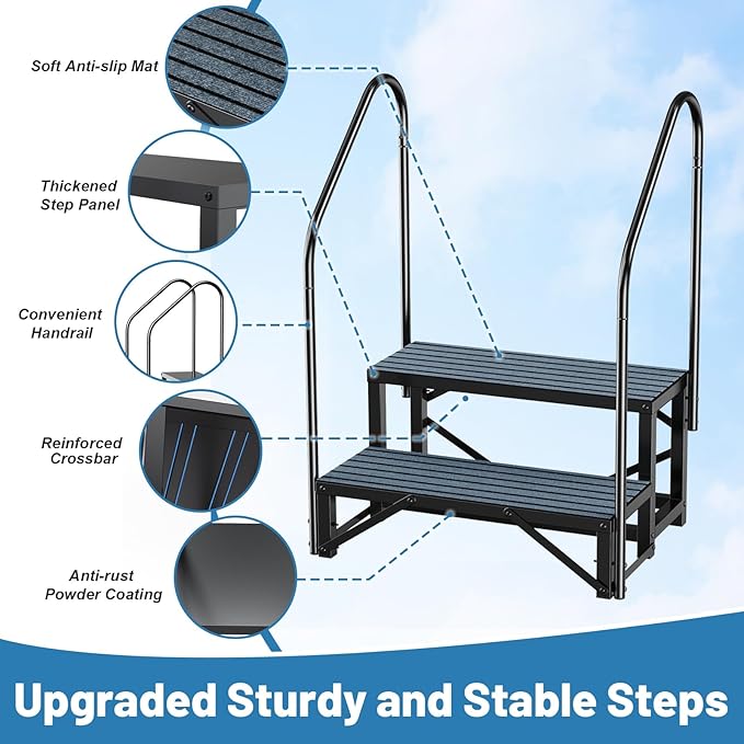 Rv Steps with Handrail 2 Step, Hot Tub Steps with Anti-Slip Mats, Heavy Duty Metal Mobile Home Stairs, Camper Steps for Travel Trailer,Portable Step Ladder for Spa, Pool and Porch
