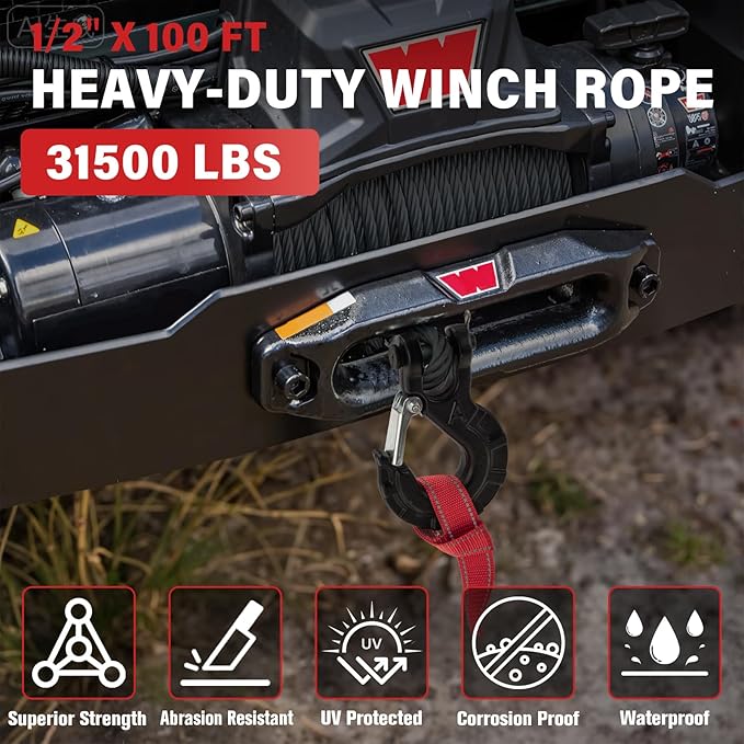 Synthetic Winch Rope Kit - 1/2" x 100' 31,500 lbs Synthetic Winch Cable for ATV UTV Off-Road Vehicles with Forged Hook, Protective Sleeve and Safety Pull Strap - Black