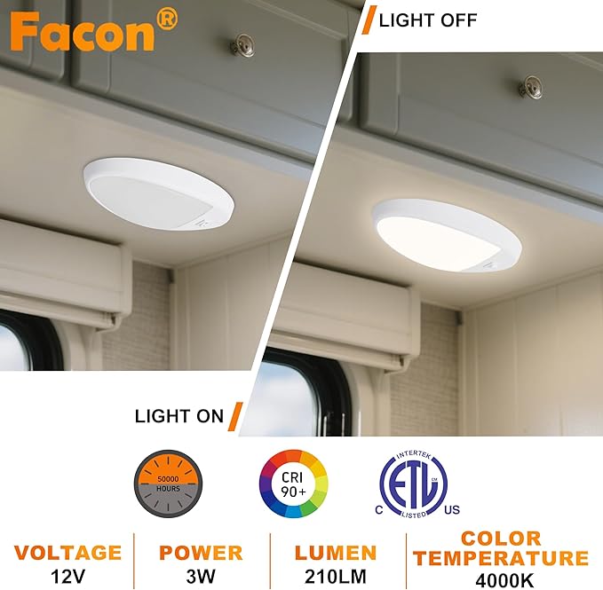 Facon 2-Pack 12V DC RV Ceiling Dome Light with On/Off Switch - 4000K Cool White, Small Oval Pancake RV Puck Light for RVs, Motorhomes, Campers & Boats, ETL Listed