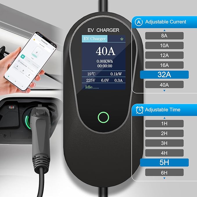 Level 2 EV Charger Station, for SAE J1772 EV Cars (40A, 240 Volt, 25ft Cable), FCC and UL Certified, with NEMA 14-50 Plug,5-15 to 6-20 Plug, J1772 to Tesla Adaptera