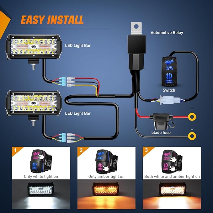 Nilight 6.5Inch Off-Road LED Light Bar, 2PCS 120W 3 Lighting Modes (White/Amber/White&Amber) Driving Fog Light Spot Flood Lights with 18AWG Wiring Harness for Truck Car ATV SUV Jeep Boat