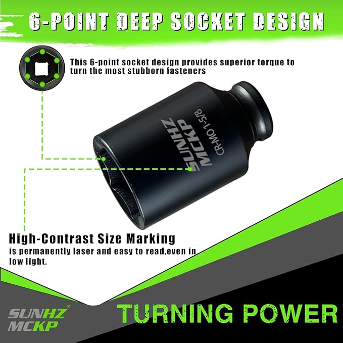 SUNHZMCKP 1/2 Inch Drive Impact Socket, SAE 1-5/8 In Deep 6 Point Socket, CR-MO, Axle Nut Impact Grade Socket for Easy Removal
