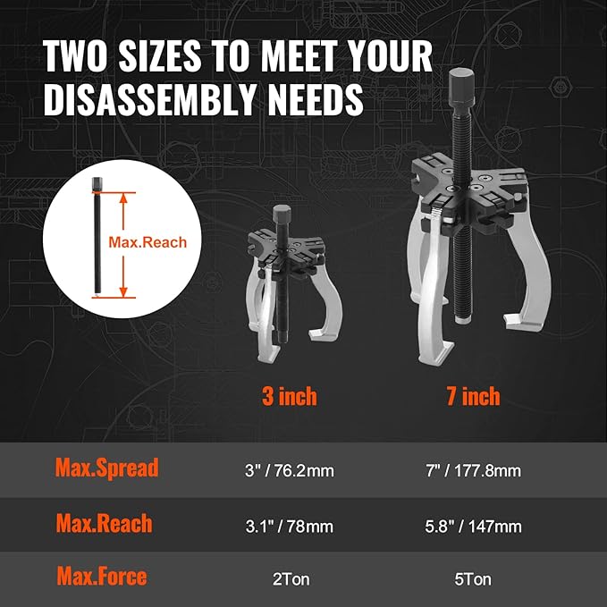 VEVOR Gear Puller Set, 3" and 7" Puller Kit, 3 Jaw Gear Bearing Flywheel Pulley Removal Tool, 2 or 3 Reversible Jaws Wheel Puller, Vertically and Horizontally, External and Internal, 2-Piece