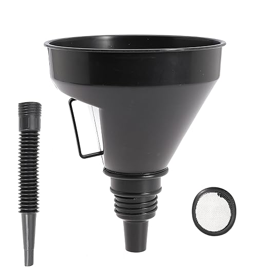 Large Plastic Automotive Funnels Wide Mouth Oil Funnel with Flexible Extension Nozzle Hose Car Fuel Funnel with Handle Mesh Screen for Cars Engine RV Water Gas Transmission Liquid（Black） (1)