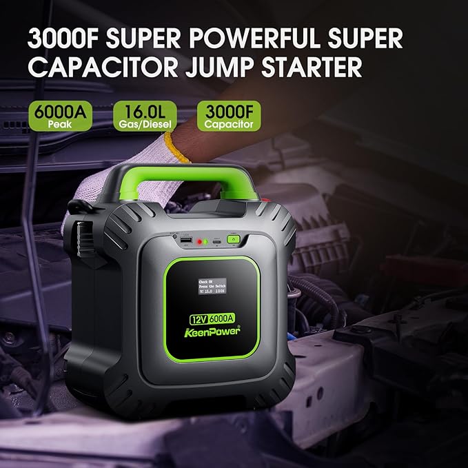 KeenPower 6000A Super Capacitor Jump Starter [Upgraded Clamps & Screen Version] – No Traditional Battery, Powered by 6X 3000F Supercapacitors, Works in -45°F Env, 3-Mins Fast Charging for Instant Use
