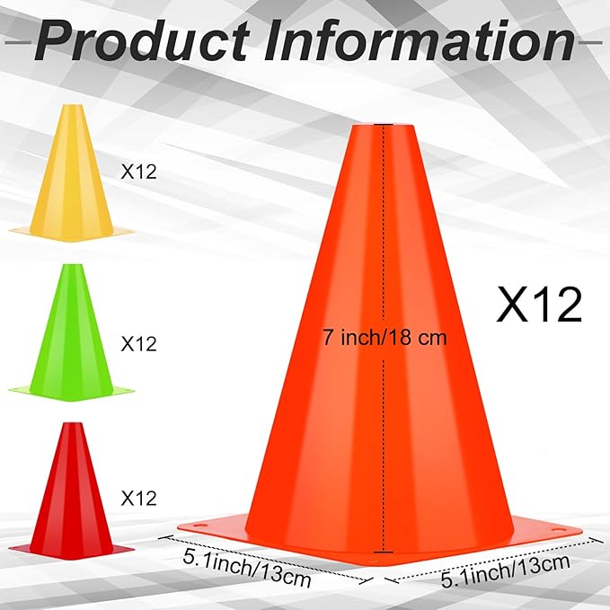 Leelosp 48 Pack 7" or 9" Plastic Traffic Cones Agility Field Marker Soccer/Safety/Sports/Training Cones for Skating Basketball Football Practice Drills Themed Party Decorations