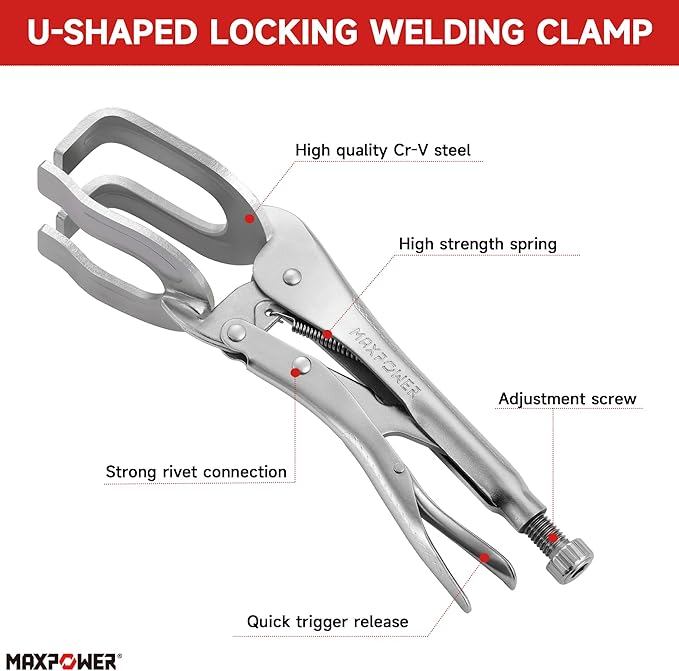 MAXPOWER 10-inch Locking Pliers Welding Clamp, U-shaped Jaw Max Capacity Up to 3.54", 2-Piece Locking Welding Clamps