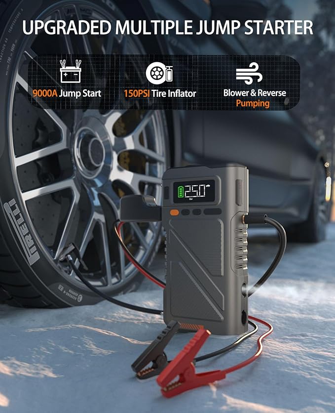 Car Jump Starter with Air Compressor 9000A, 9 in 1 Jumper Box for Car Portable 12V Jump Pack(All Gas/16L Diesel) Combo 150 PSI Tire Inflator & Air Inflator/Deflator Pump w/Extended Jump Cable