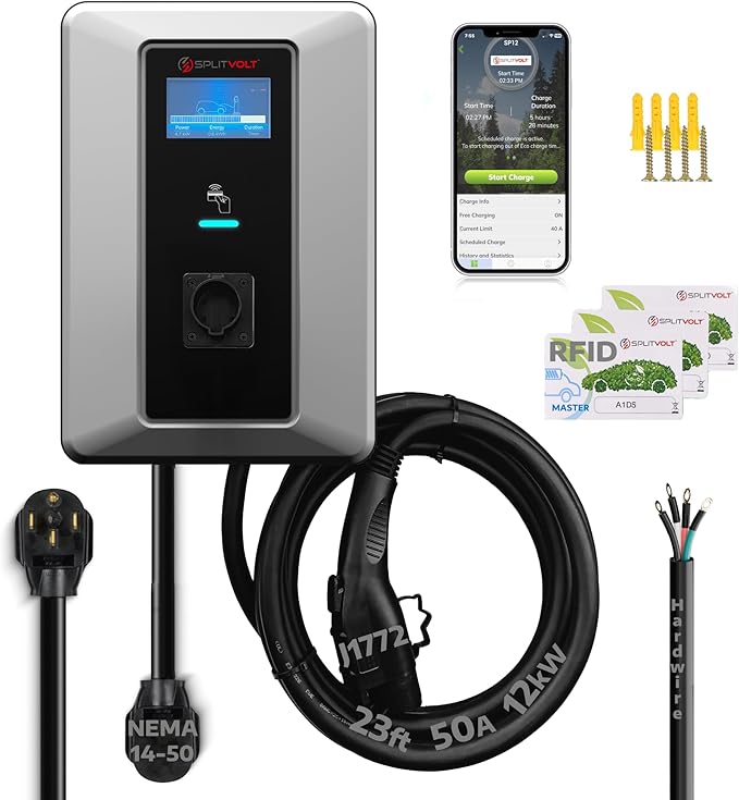 Splitvolt Level 2 Smart EV Charging Station - Connected, Adjustable 12kW, Display, Scheduling, RFID, NEMA 14-50, J1772, OCPP Compatible, Outdoor Rated, 23ft