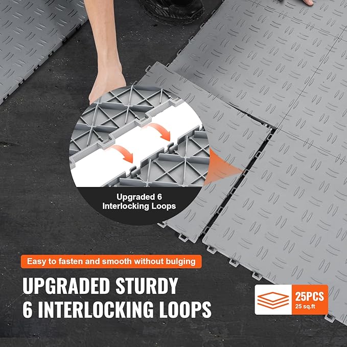 VEVOR Garage Tiles Interlocking, 12 x 12 x 0.53 inch 25 Pack Garage Floor Covering Tiles, Non-Slip Double-Sided Texture Garage Flooring Tiles, for Garages, Basements, Repair Shops, Silver