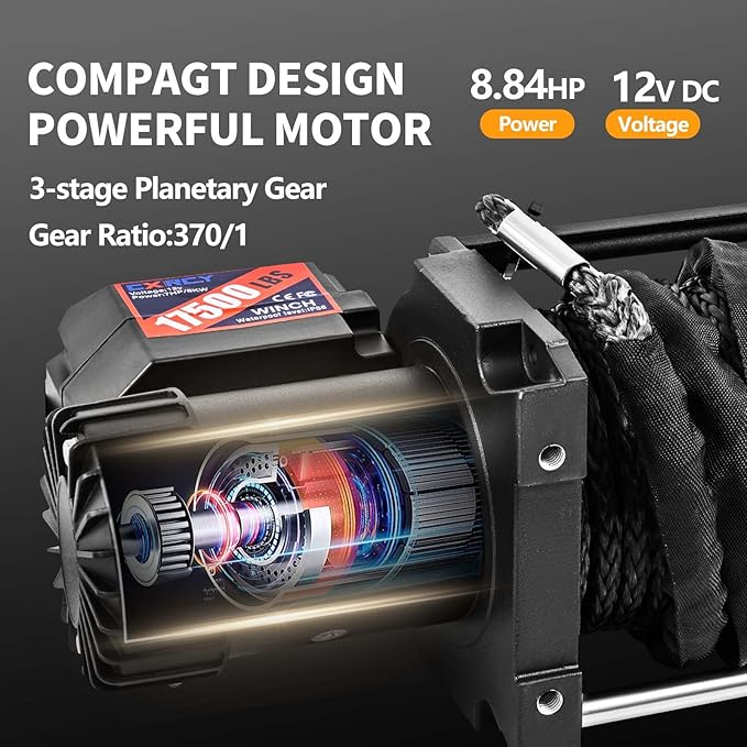 CXRCY 12V Electric Winch,17500LBS Load Capacity Synthetic Rope Towing Winches for Jeep Truck SUV,with Wired Handle and Wireless Remote