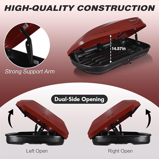 Red Rooftop Cargo Box Carrier Large 13 Cubic Feet Car Top Mount Travel Luggage Storage, Dual Side Opening, Roof Cargo Boxes Waterproof Rooftop Storage Box Extra Keys, Straps