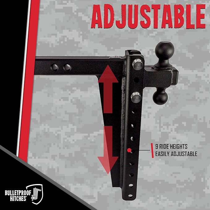 BulletProof Hitches - 2.0" Adjustable Heavy Duty Trailer Hitch (22,000 lb. Rating) - 16" Drop/Rise Trailer Hitch with 2" & 2-5/16" Dual Ball - Powder Coat, Solid Steel, Corrosion-Resistant